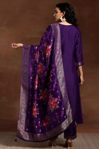 Trendmalls Purple Jaquard Silk Embroidery Stone Work Kurta Pant with Dupatta
