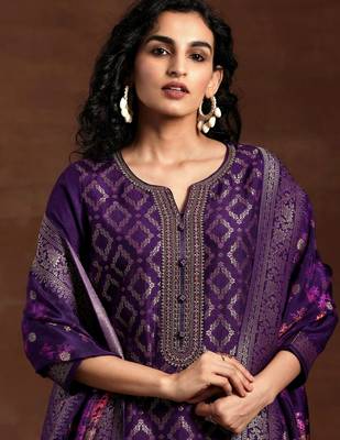 Purple Jaquard Silk Embroidery Stone Work Kurta Pant with Dupatta 3
