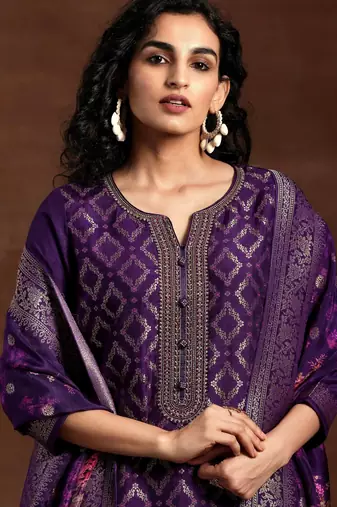 Trendmalls Purple Jaquard Silk Embroidery Stone Work Kurta Pant with Dupatta