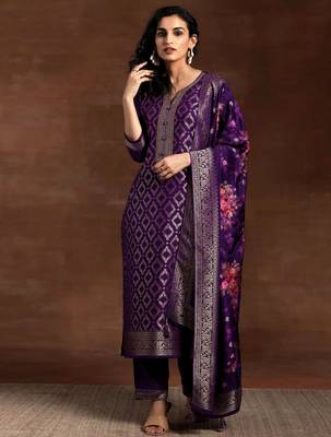 Purple Jaquard Silk Embroidery Stone Work Kurta Pant with Dupatta 4