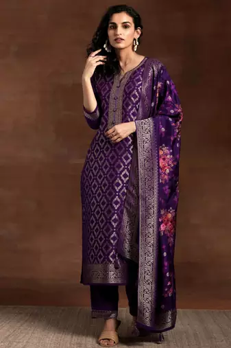 Trendmalls Purple Jaquard Silk Embroidery Stone Work Kurta Pant with Dupatta