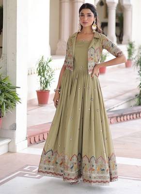 Light green zari & sequins embroidered work vichitra silk stitched kurta gown 1