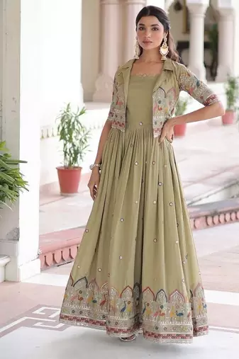 Light green zari & sequins embroidered work vichitra silk stitched kurta gown