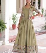 Light green zari & sequins embroidered work vichitra silk stitched kurta gown
