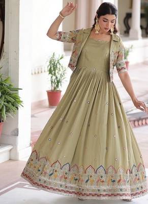 Light green zari & sequins embroidered work vichitra silk stitched kurta gown 2