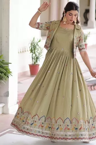 Light green zari & sequins embroidered work vichitra silk stitched kurta gown