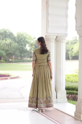 Light green zari & sequins embroidered work vichitra silk stitched kurta gown