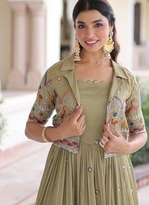 Light green zari & sequins embroidered work vichitra silk stitched kurta gown 4