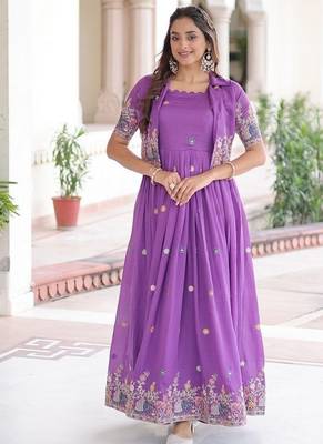 Purple zari & sequins embroidered vichitra silk Gown 1