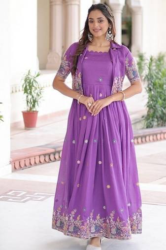 Purple zari & sequins embroidered work vichitra silk stitched kurta gown