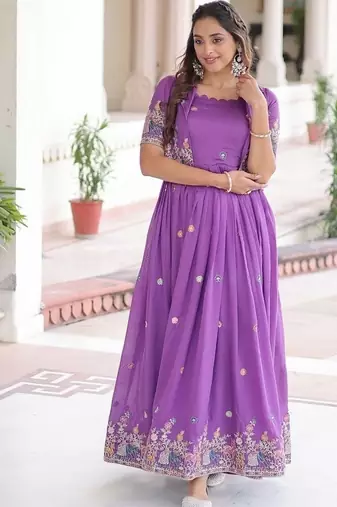 Purple zari & sequins embroidered vichitra silk Gown