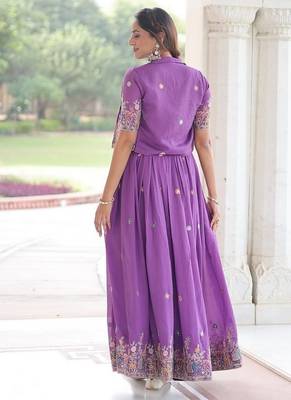 Purple zari & sequins embroidered vichitra silk Gown 3