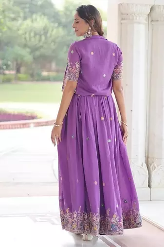 Purple zari & sequins embroidered vichitra silk Gown