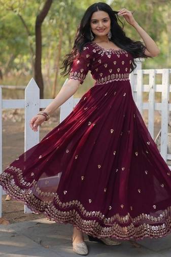 Wine zari & sequins embroidered work georgette stitched kurta gown