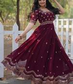 Wine zari & sequins embroidered work georgette stitched kurta gown
