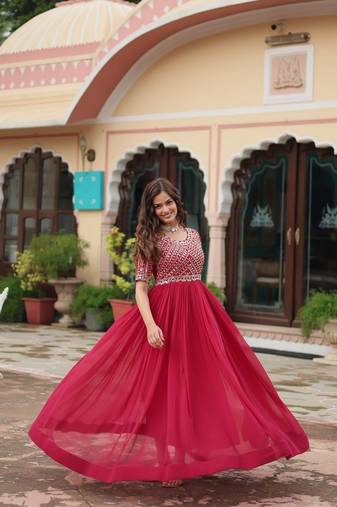 Pink zari & sequins embroidered work georgette stitched kurta gown