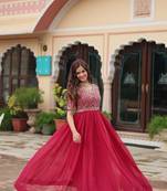 Pink zari & sequins embroidered work georgette stitched kurta gown
