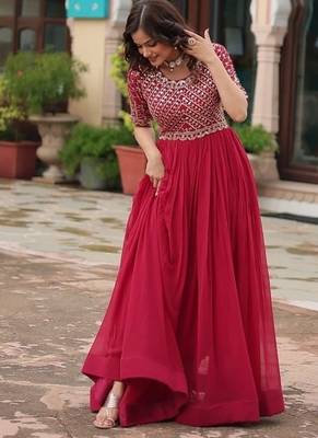 Pink zari & sequins embroidered work georgette stitched kurta gown 2