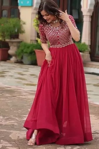 Pink zari & sequins embroidered work georgette stitched kurta gown