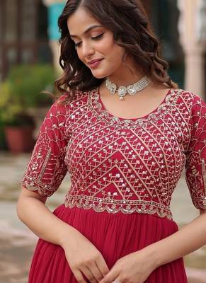 Pink zari & sequins embroidered work georgette stitched kurta gown 4