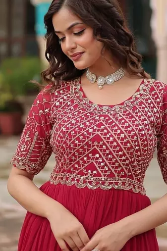 Pink zari & sequins embroidered work georgette stitched kurta gown