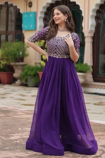 Purple zari & sequins embroidered work georgette stitched kurta gown