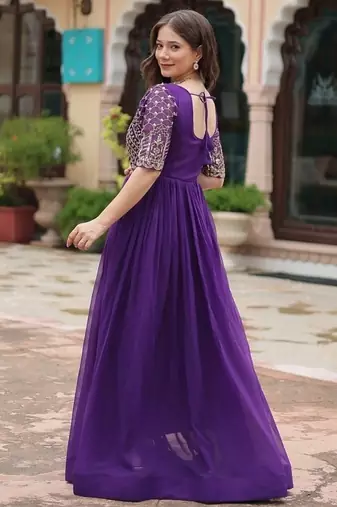 Purple zari & sequins embroidered georgette Gown