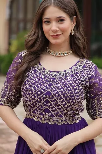 Purple zari & sequins embroidered georgette Gown