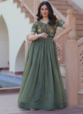 Purple zari & sequins embroidered work satin stitched kurta gown 1