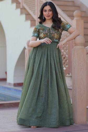 Purple zari & sequins embroidered work satin stitched kurta gown