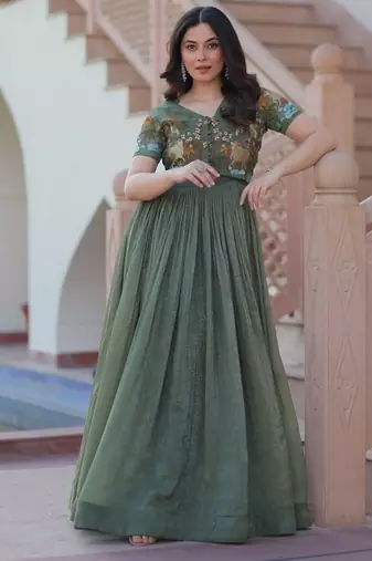 Purple zari & sequins embroidered work satin stitched kurta gown