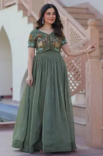 Purple zari & sequins embroidered work satin stitched kurta gown