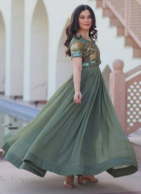 Purple zari & sequins embroidered work satin stitched kurta gown 3