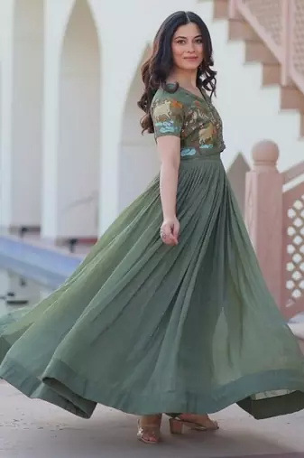 Purple zari & sequins embroidered work satin stitched kurta gown