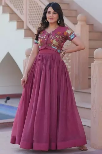Purple zari & sequins embroidered work satin stitched kurta gown