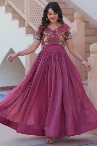 Purple zari & sequins embroidered satin Gown