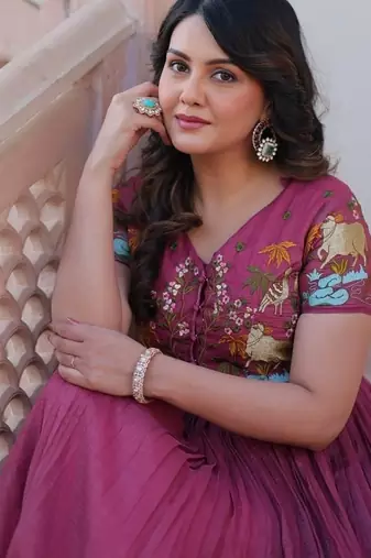 Purple zari & sequins embroidered satin Gown