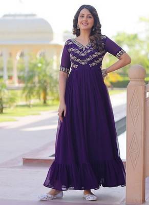 Purple zari & sequins embroidered work georgette stitched kurta gown 1