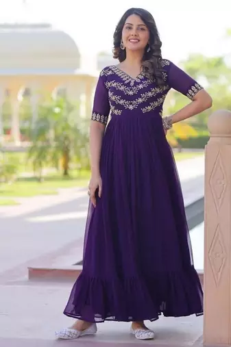 Purple zari & sequins embroidered work georgette stitched kurta gown