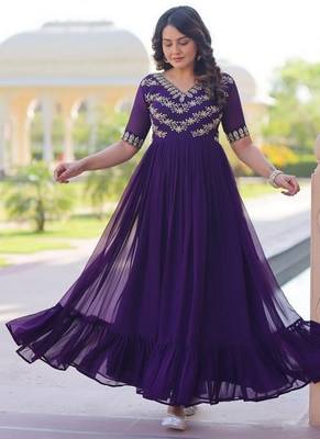 Purple zari & sequins embroidered work georgette stitched kurta gown 2