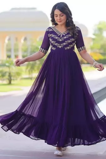 Purple zari & sequins embroidered work georgette stitched kurta gown