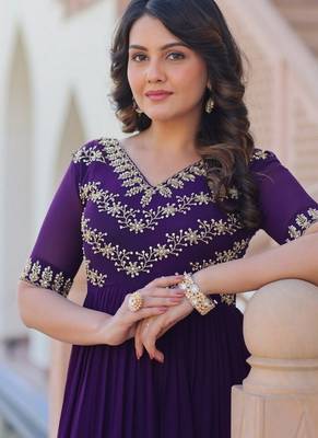 Purple zari & sequins embroidered work georgette stitched kurta gown 4