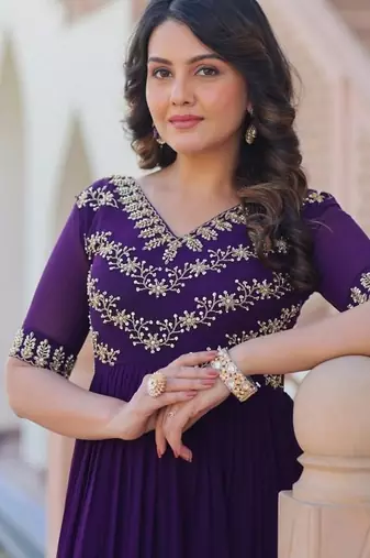 Purple zari & sequins embroidered work georgette stitched kurta gown
