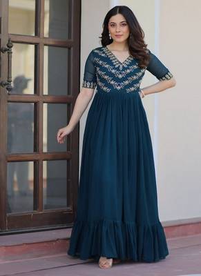 Teal zari & sequins embroidered georgette Gown 1