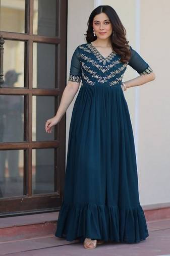 Teal zari & sequins embroidered work georgette stitched kurta gown