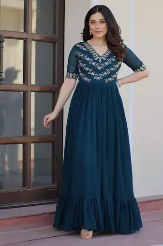 Teal zari & sequins embroidered work georgette stitched kurta gown