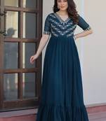 Teal zari & sequins embroidered georgette Gown