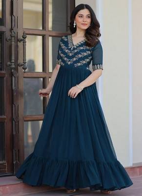 Teal zari & sequins embroidered georgette Gown 2