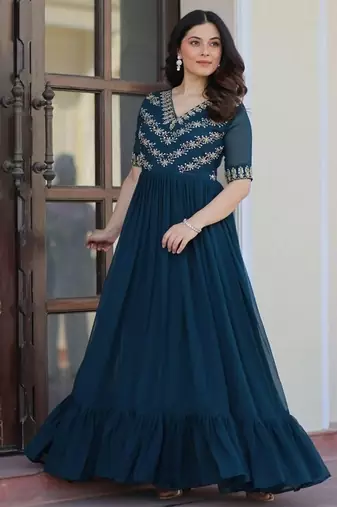 Teal zari & sequins embroidered georgette Gown