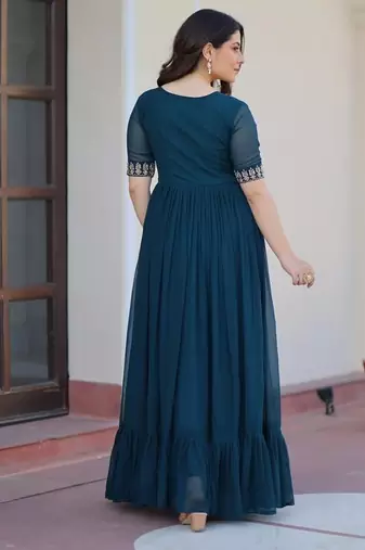 Teal zari & sequins embroidered georgette Gown
